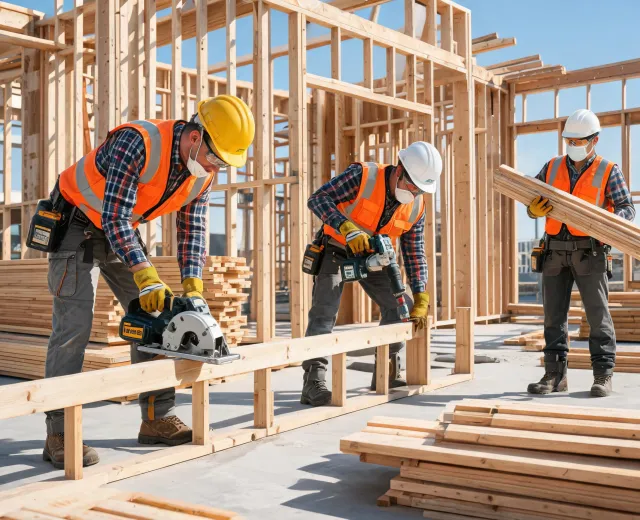 Construction framing crew using cordless tools