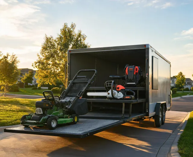 Landscape crew with battery outdoor power equipment