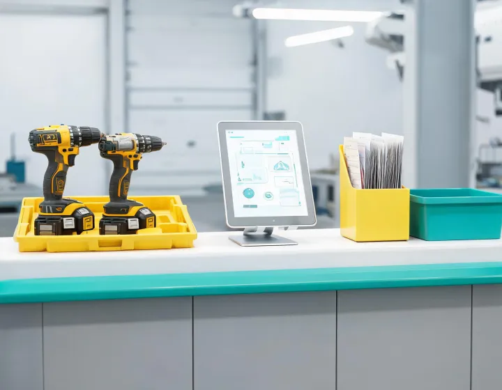 Makita service counter with cordless tools and batteries